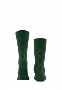Grüne Socken mit einem Rautenmuster, gelben Linien und roten Blumenakzenten. Hergestellt aus weichem Material, verfügen sie über einen gerippten Rand.