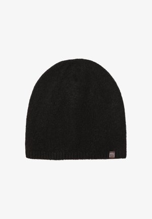 Černá pletená čepice s měkkou texturou, kulatým tvarem a žebrovaným lemem. Na boku se nachází malá označená značka.