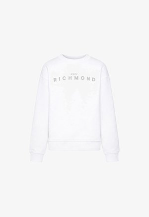 Witte sweater met lange mouwen en ronde hals, met de tekst "JOHN RICHMOND" in zilveren glitters over de borst.