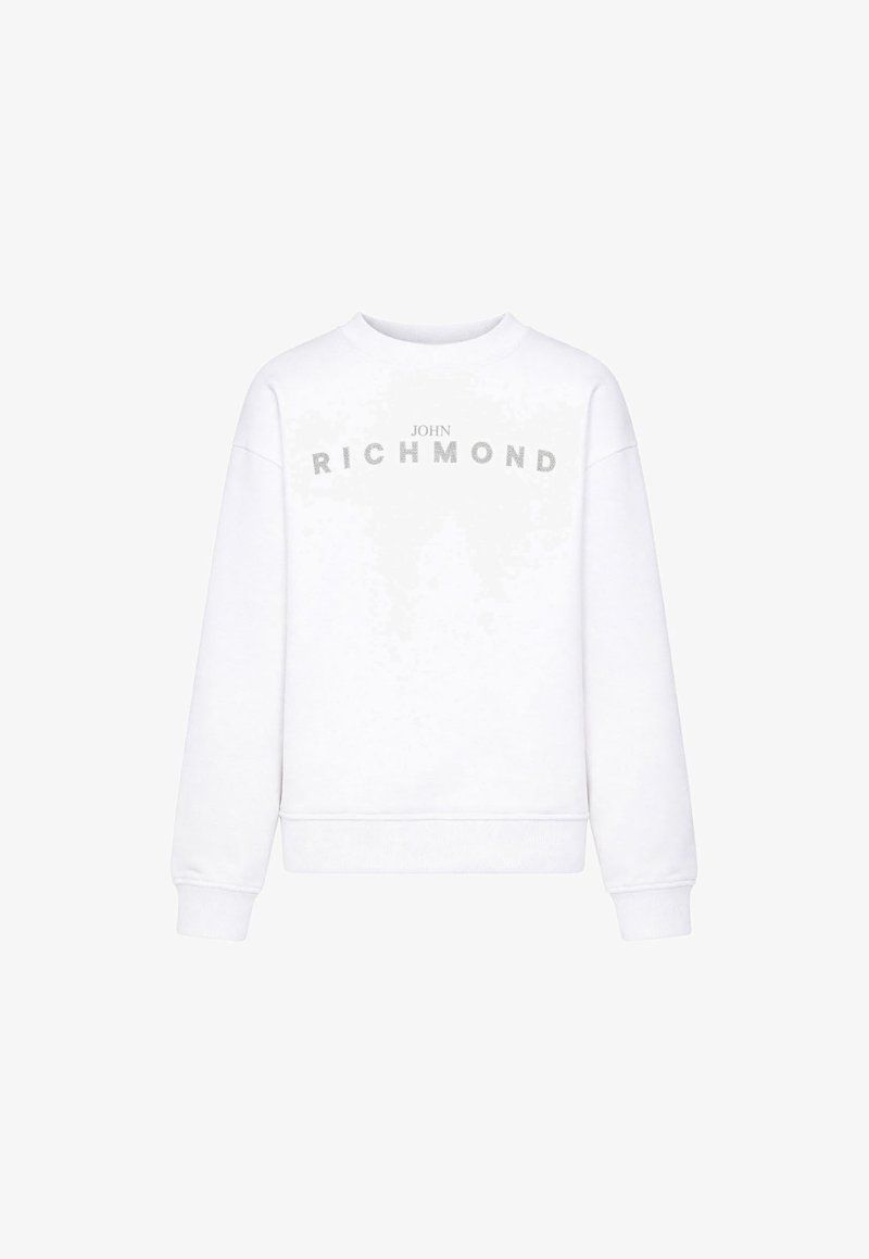 Sweat-shirt blanc à manches longues avec col rond, avec le texte "JOHN RICHMOND" en paillettes argentées sur la poitrine.