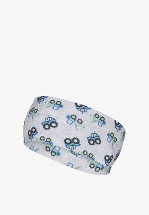 Gray fabric headband with blue and black tractor and sunflower patterns repeated across the surface.