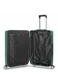 Valigia rigida verde con manico retrattile, scomparti con zip, cinghie regolabili e ruote fluide. Interno foderato in tessuto nero.