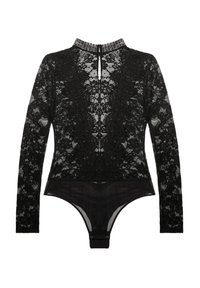 Svart långärmad bodysuit med blommig spetsöverdrag och genomskinliga paneler. Hög halsringning med knäppning bak och tryckknapp stängning i botten.