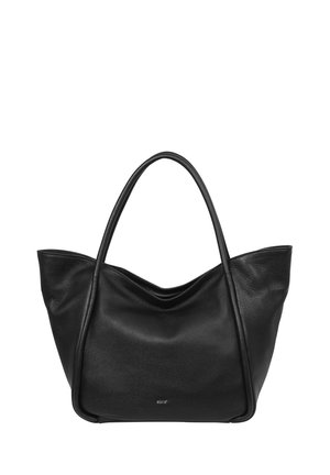 Black leather tote bag with two long handles and subtle brand logo centered near the bottom front.