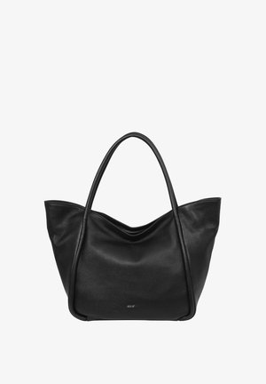 Schwarze Leder-Shopper-Tasche mit zwei langen Griffen und dezentem Markenlogo, das zentriert nahe dem unteren Vorderteil angebracht ist.