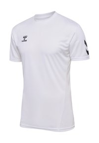 Witte sportshirt met korte mouwen, gemaakt van een gladde, lichte stof met een ronde halslijn. Bevat een zwart logo en chevrons op de mouwen.