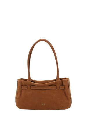 Brown suede handbag with two long handles, a rectangular shape, and minimal stitching details.