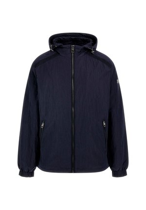 Navy blue zip-up jacket with a hood, made from lightweight crinkled fabric. Features elastic cuffs and two front zip pockets.