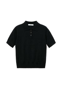 Černé polo triko s krátkým rukávem vyrobené z jemné látky; má límec, tři hnědé knoflíky a rovný lem. Bez vzorů nebo akcentů.