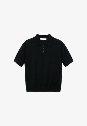 Tricou polo scurt, negru, confecționat dintr-un material moale; are guler, trei nasturi maro și un tiv drept. Fără modele sau accente.