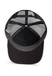 Black baseball cap with a mesh back. Interior features a smooth dark lining and contrasting gray trim around the visor and crown.