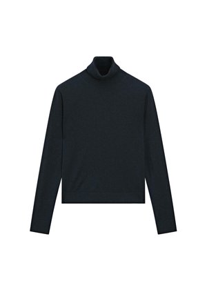 Mørkeblå turtle neck trøje, lange ærmer, lavet af blødt stof, med en tætsiddende pasform og en nederkant ved taljen.