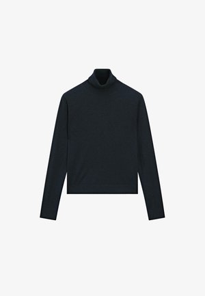 Mörkblå polotröja, långärmad, gjord av mjukt tyg, med en figurnära design och nederkant vid midjan.