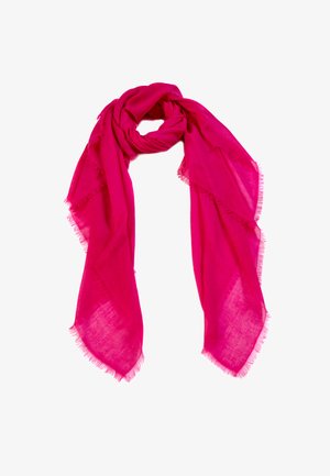 Fuchsienfarbener Schal aus leichtem Stoff, mit ausgefransten Kanten und einer weichen, glatten Textur, locker drapiert.