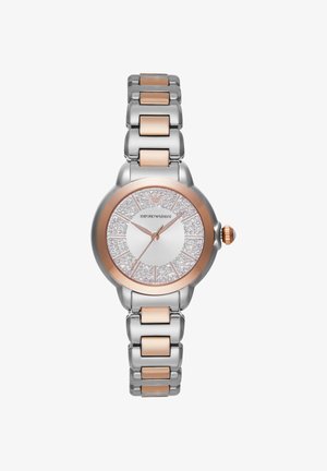 Reloj de pulsera Emporio Armani en plata y oro rosa con esfera adornada con cristales, marcadores de hora en oro rosa y correa metálica enlazada.
