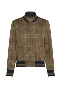 Brun herringbone bomberjacka med en ribbad marinblå krage, knappstängning och flerfärgade ränder på ärmarna och nederkanten.