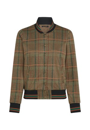 Braune Fischgrät-Bomberjacke mit einem gerippten, marineblauen Kragen, Knopfverschluss und mehrfarbigen Streifen an den Bündchen und dem Saum.