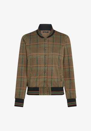 Brown herringbone bomber jacket with a ribbed navy collar, button closure, and multicolored stripes on the cuffs and hem.