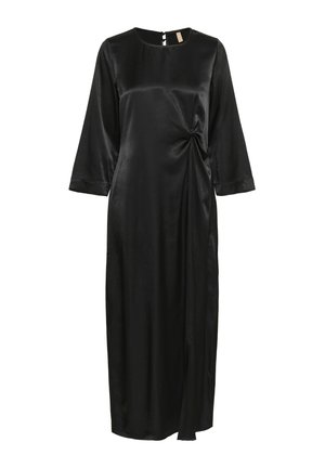 Schwarzes Satin-Midikleid mit dreiviertel Ärmeln und einer gerafften Knotendetail an der rechten Taille, mit einem Knopfverschluss hinten.