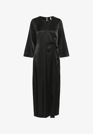 Vestido midi de satén negro con mangas tres cuartos y detalle de nudo recogido en la cintura derecha, con cierre de botón en la parte posterior.