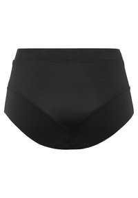 Black high-waisted briefs made from smooth, stretchy fabric with a seamless design, featuring a wide waistband and reinforced stitching.