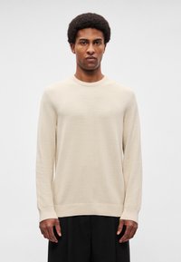 Suéter de punto beige con mangas largas, escote redondo y textura sutil. Lleva puesto sobre pantalones negros, mostrado sobre un fondo neutro.