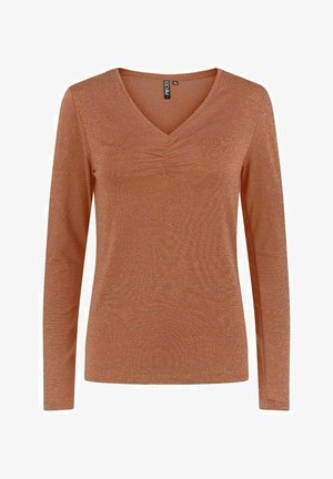 Top a maniche lunghe con scollo a V di colore ruggine, con una texture sottile e una leggera brillantezza metallica. Presenta dettagli arricciati sul petto e una vestibilità slim.