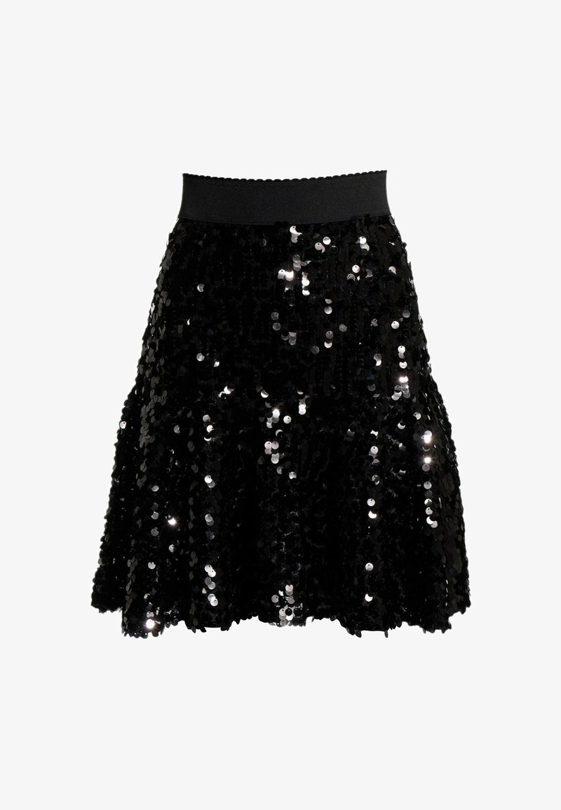 Jupe noire à sequins avec une taille élastique, une silhouette évasée et des détails brillants réfléchissants sur le tissu.