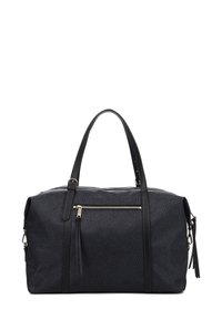 Borsa a duffel nera con superficie testurizzata, dettagli in oro sulla cerniera, due manici superiori e una tasca esterna con cerniera.