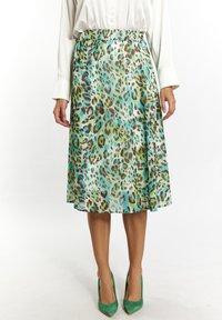 Una gonna di lunghezza media con stampa leopardata blu-verde, realizzata in un tessuto leggero, con una vita elastica e una silhouette svasata.