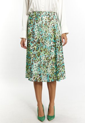 Una gonna di lunghezza media con stampa leopardata blu-verde, realizzata in un tessuto leggero, con una vita elastica e una silhouette svasata.