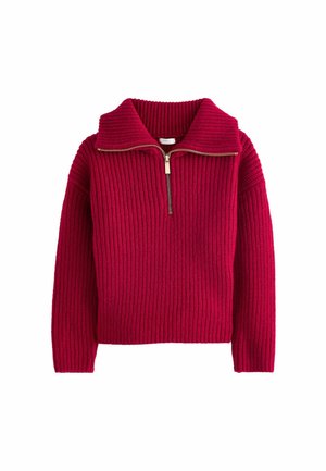 Pulover din tricot cu nervuri într-o nuanță strălucitoare de fucsia, cu guler înalt și închidere cu fermoar pe jumătate. Dispune de mâneci lungi și o finisare texturată pe întreaga suprafață.