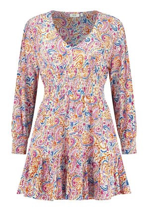 Tlačené šaty s výstrihom do V, dlhými rukávmi a smockovaným pásom. Farebný vzor paisley v ružovej, oranžovej a modrej na svetlom pozadí.