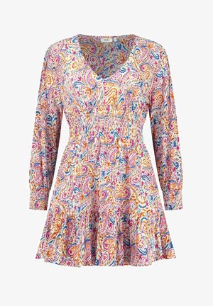Natisnuta haljina s V-izrezom, dugim rukavima i smock strukom. Šaren uzorak paisley u ružičastoj, narančastoj i plavoj boji na svijetloj pozadini.