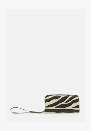 Zebra print wristlet wallet in black and cream, featuring a smooth texture, zip closure, and detachable wrist strap.