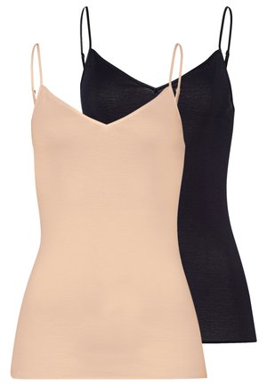 Deux camisoles sans manches pour femmes avec fines bretelles, une beige devant et une noire derrière, sur un fond blanc.