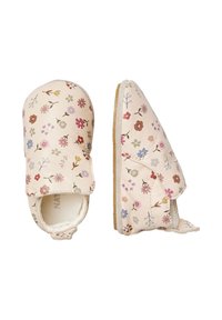 Scarpe in pelle morbida con motivo floreale, base rosa chiaro, punta rotonda e chiusura in velcro. Suola in suede beige per grip e comfort.