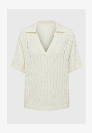 Top in maglia corto senza maniche in avorio con scollatura a V e colletto a costine. Presenta un motivo ondulato e una superficie testurizzata con vestibilità rilassata.