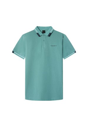 Groene polo shirt met korte mouwen en een knoopsluiting bij de kraag, "Hackett" logo op de borst en merkaccenten in marineblauw op de kraag en mouwen.