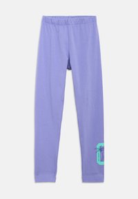 Μωβ κολάν από μαλακό ύφασμα με ελαστική μέση. Διαθέτει σχέδιο σε πράσινο χρώμα στο κάτω αριστερό πόδι.