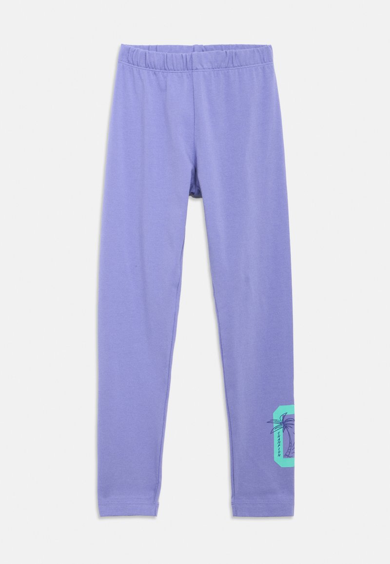 Μωβ κολάν από μαλακό ύφασμα με ελαστική μέση. Διαθέτει σχέδιο σε πράσινο χρώμα στο κάτω αριστερό πόδι.