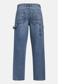 Blue denim jeans with a loose fit, two back pockets, and a side cargo pocket. Features contrast stitching and a waistband with belt loops.