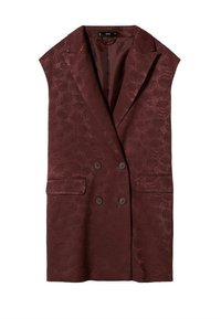 Veste sans manches bordeaux foncé croisée avec revers crantés, deux poches avant à rabat et texture florale subtile.