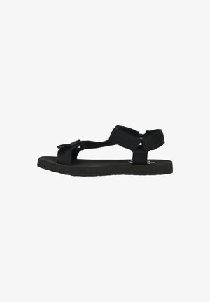 Sandaletto nero da esterno con cinturini in tessuto regolabili e suola piatta, progettato per un uso casual e comfort.