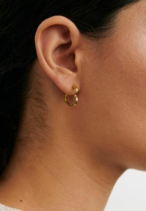 Zbliżenie na ucho osoby z ciemnymi włosami, noszącej małą, teksturowaną złotą kolczyk-koło na płatku ucha.
