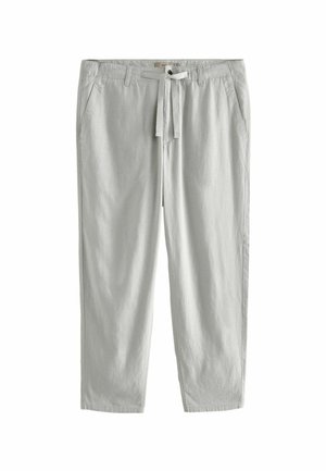 Helle graue Leinenhose mit einem Gummizugbund, zwei Seitentaschen, schmal zulaufenden Beinen und einer weichen Textur. Minimalistisches Design, ohne Muster.