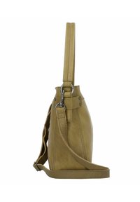 Sac en cuir tan avec une forme structurée, une poignée supérieure et une bandoulière réglable. Présente des accessoires en métal argenté et des coutures visibles.