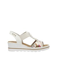 Witte wig sandaaltjes met een bloemenpatroon op de band, elastische zijkanten en een gestructureerde buitenzool voor grip.