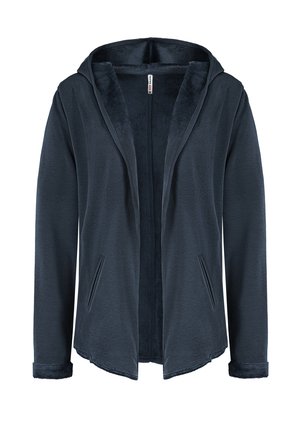 Marineblaue Kapuzenjacke mit weichem Fleece-Futter, offenem Vorderteil, zwei schrägen Taschen und umgeschlagenen Bündchen, die das Fleece-Innere zeigen.