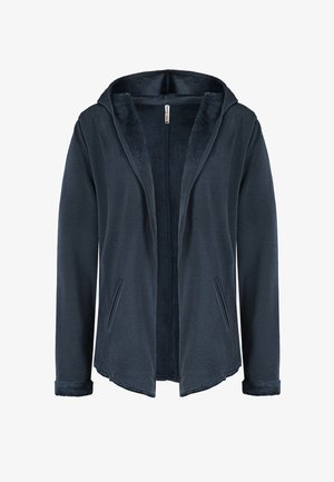Navy blue hooded jacket with soft fleece lining, open front, two slant pockets, and cuffs folded to show fleece interior.